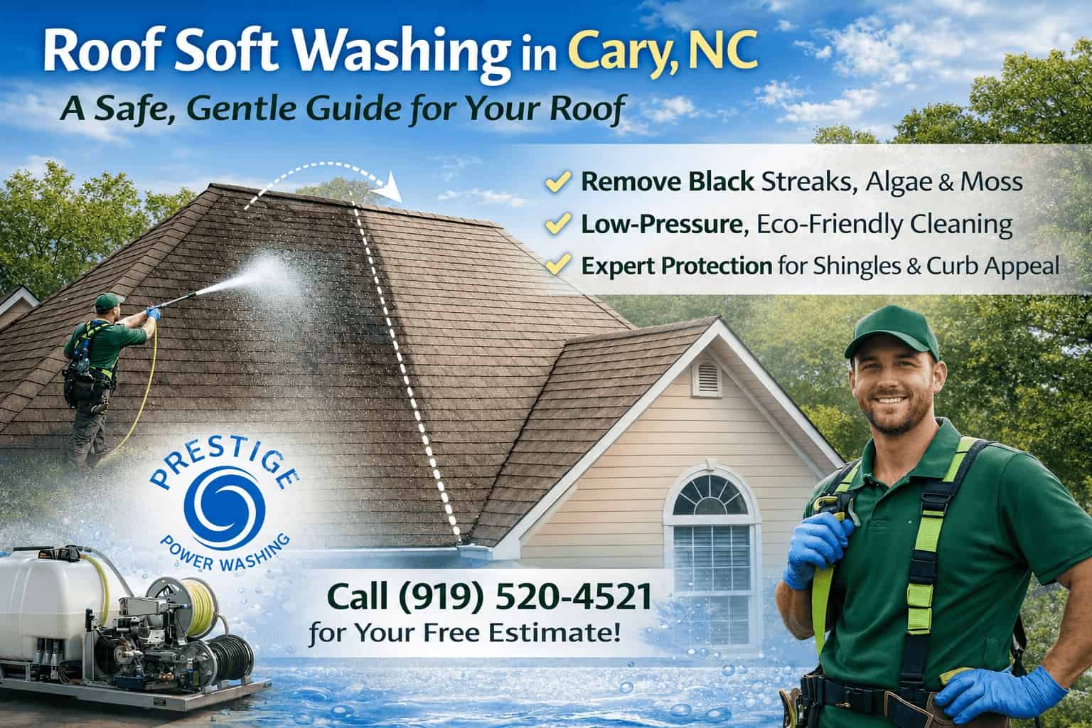 Roof soft washing in Cary NC by Prestige Power Washing showing low-pressure roof cleaning for black streaks, algae, and moss