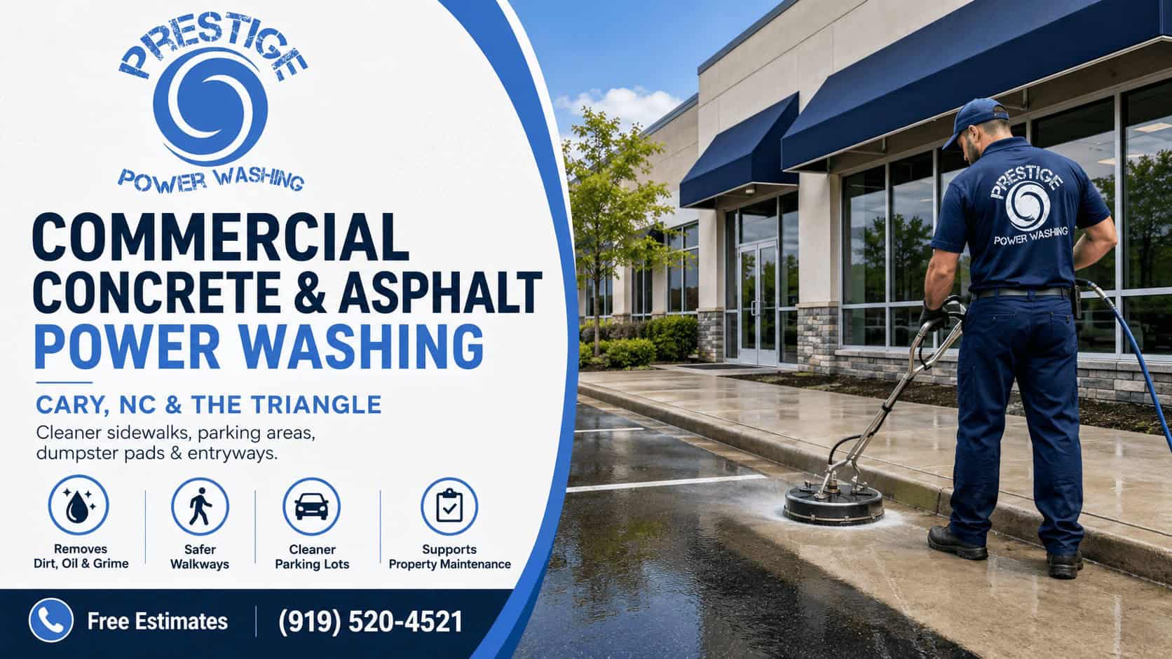 Commercial concrete and asphalt power washing in Cary NC by Prestige Power Washing LLC
