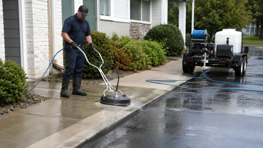 Commercial concrete power washing with a rotary surface cleaner
