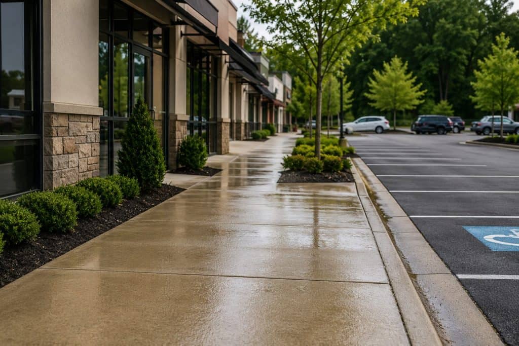 Clean commercial sidewalk after concrete power washing