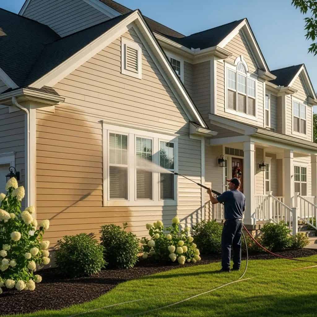 Clean residential walkway after professional exterior washing
