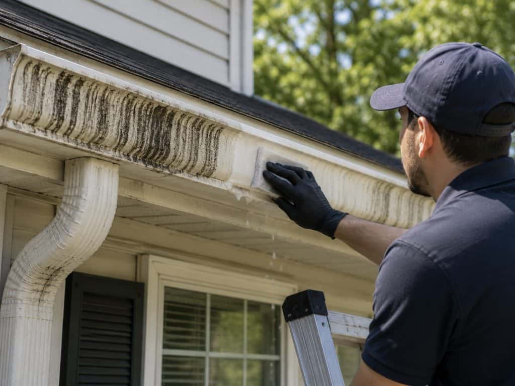 Technician cleaning black streaks from a white gutter