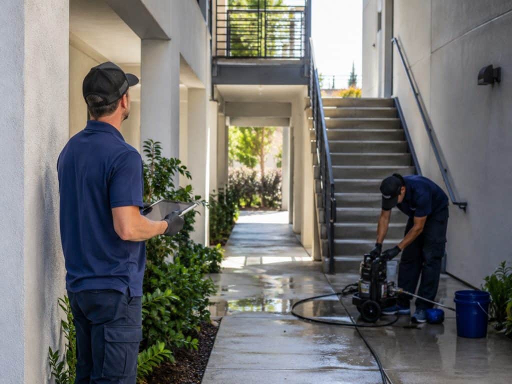 Professional exterior cleaning crew reviewing and preparing an apartment breezeway and stairwell for cleaning in Raleigh and Cary.