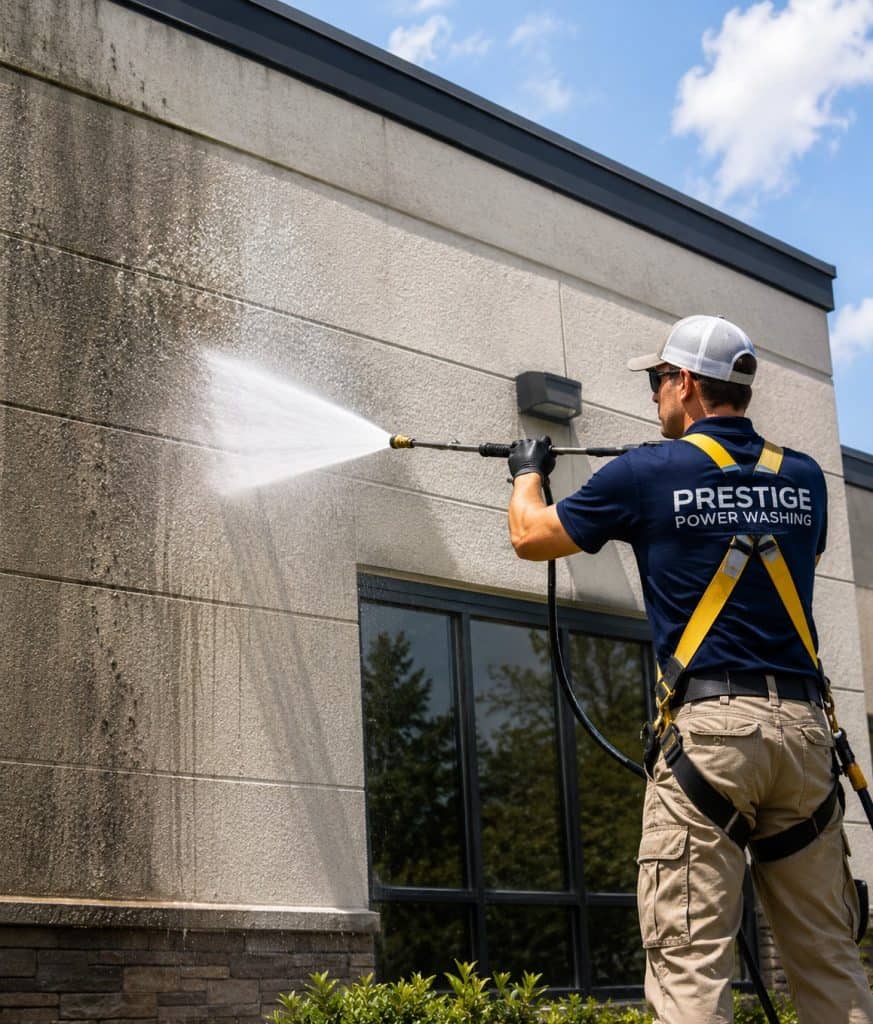Commercial building exterior pressure washing in Raleigh and Cary