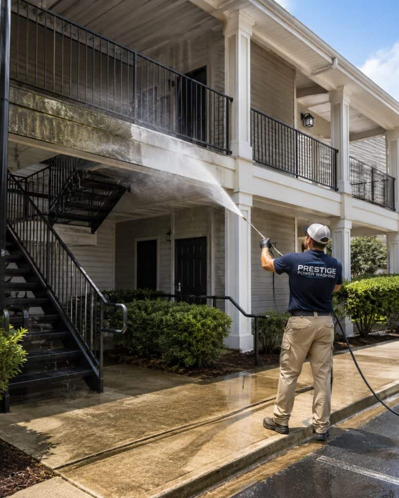 Apartment breezeway and stairwell pressure washing