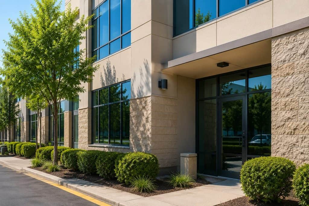 Clean commercial office building exterior with windows, stone walls, landscaped entry, sidewalk, and parking area in Raleigh and Cary.