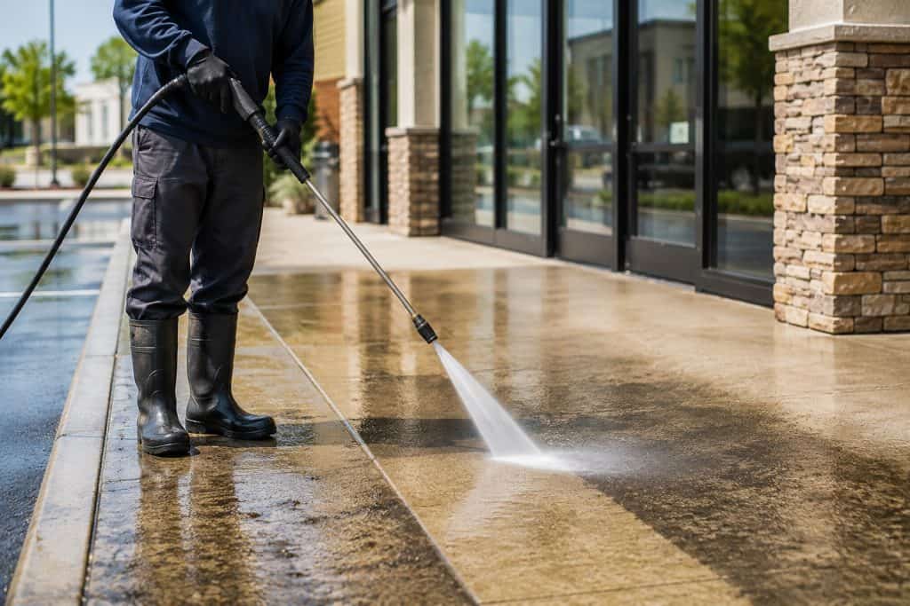 Commercial power washing for heavy exterior surface buildup
