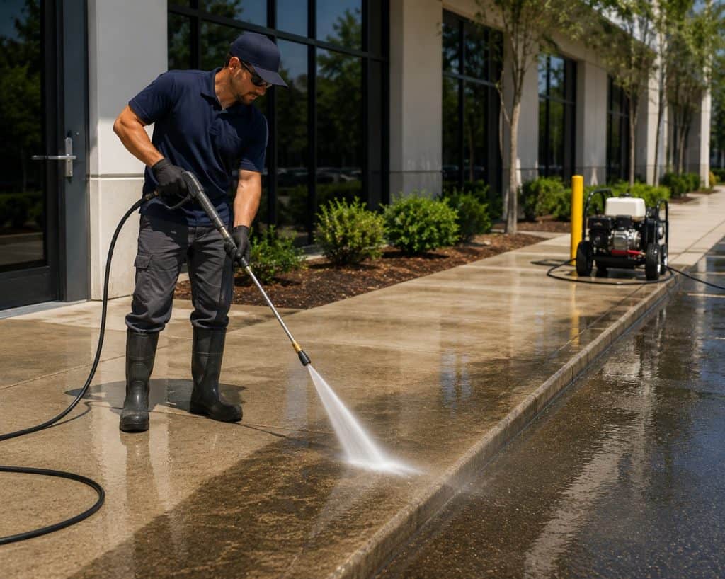 Technician pressure washing a commercial sidewalk in Raleigh