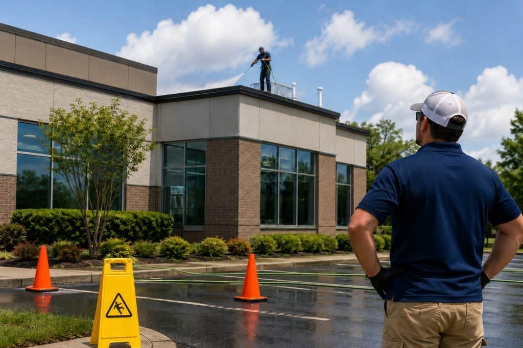 Commercial roof cleaning preparation near parking and drainage areas