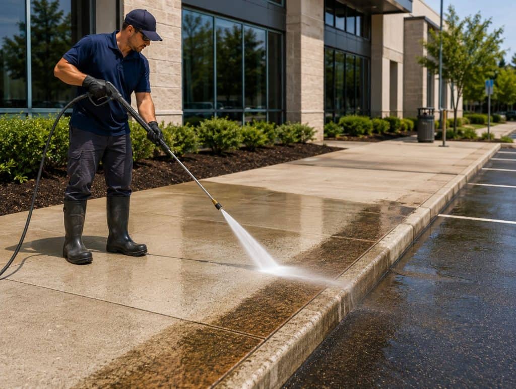 Commercial concrete pad and curb pressure washing