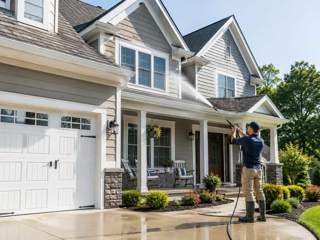 Professional technician cleaning the siding, gutters, trim, porch, and exterior entry areas of a residential home in Raleigh and Cary.