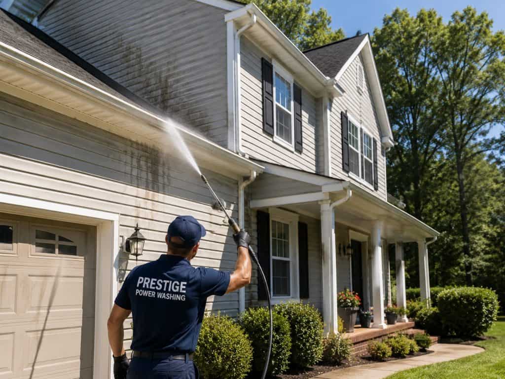 Gutter cleaning combined with residential house washing