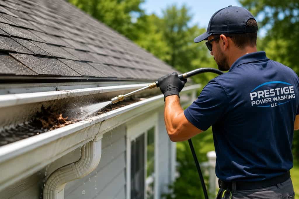 Gutter exterior cleaning service in Raleigh NC removing grime and stains