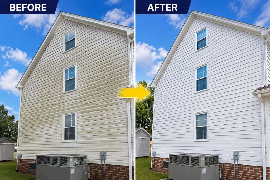 Before and after house exterior cleaning showing professional power washing results with clean siding and restored surface brightness