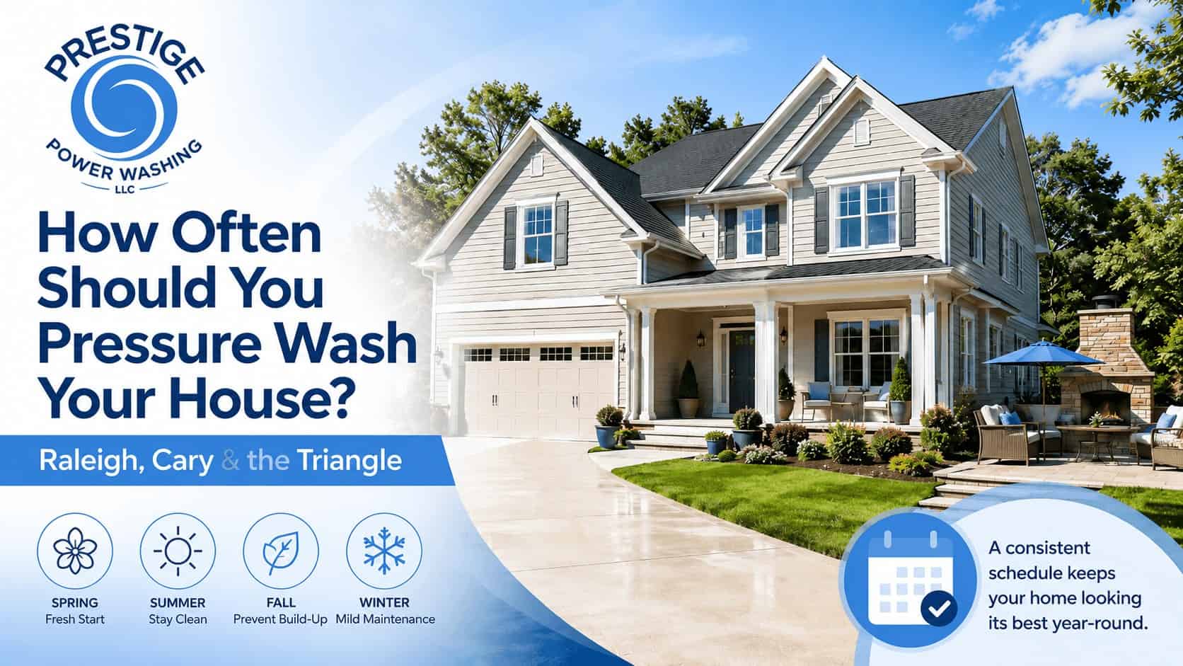 Prestige Power Washing LLC banner showing a clean Raleigh-area home and seasonal pressure washing schedule