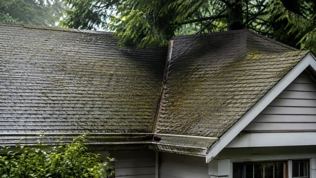 Moisture related algae buildup on a commercial roof