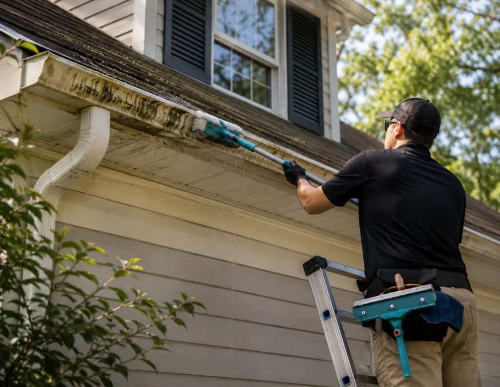 Organic buildup being cleaned from residential gutters