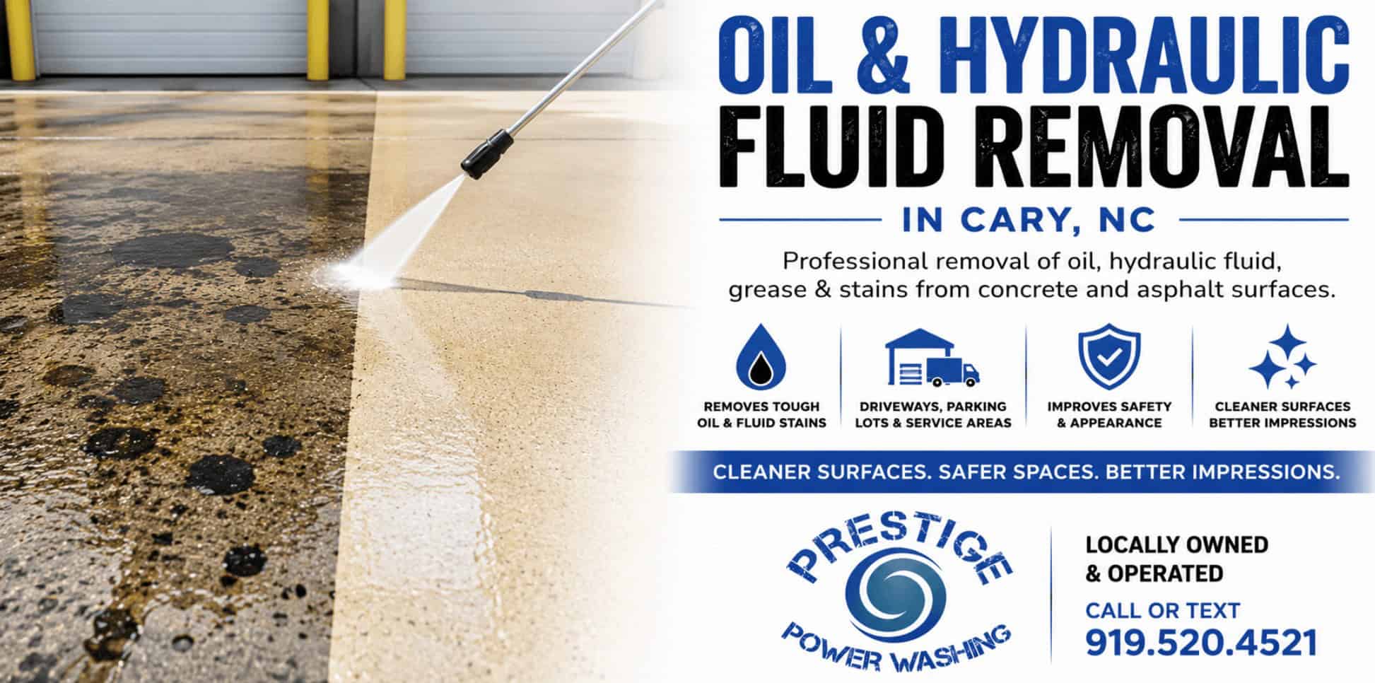 Oil and hydraulic fluid removal in Cary NC by Prestige Power Washing LLC