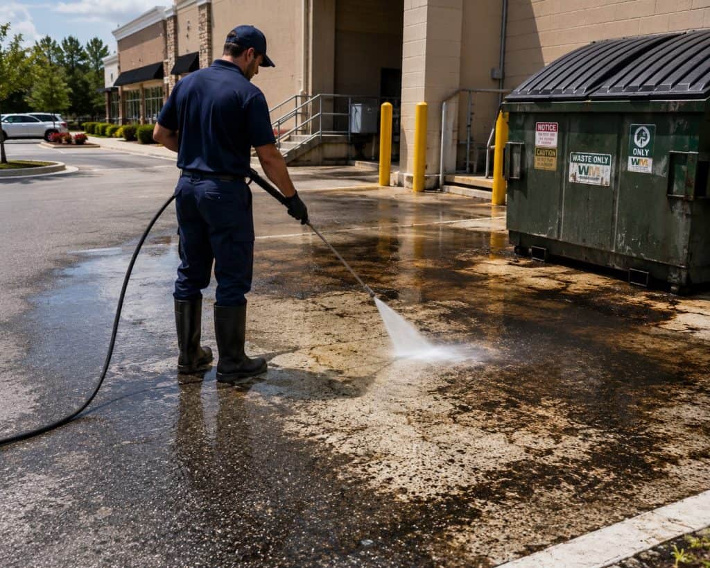 Prestige Power Washing technician removing oil and hydraulic fluid stains from a commercial dumpster pad in Raleigh and Cary, NC
