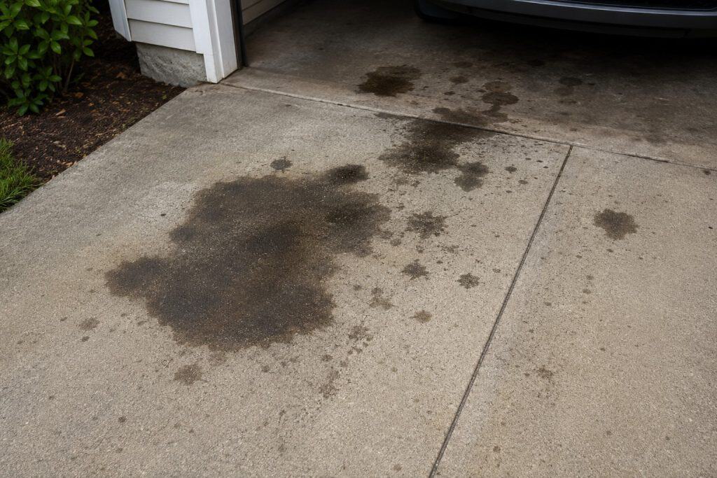 Oil and hydraulic fluid stains on a residential concrete driveway in Raleigh and Cary, NC