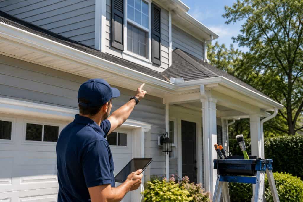 Technician performing professional gutter cleaning on a Raleigh home