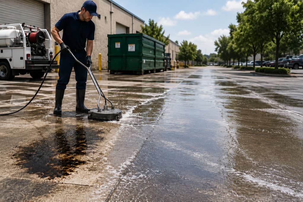 Prestige Power Washing technician using a surface cleaner during oil and hydraulic fluid removal at a commercial property in Raleigh and Cary, NC