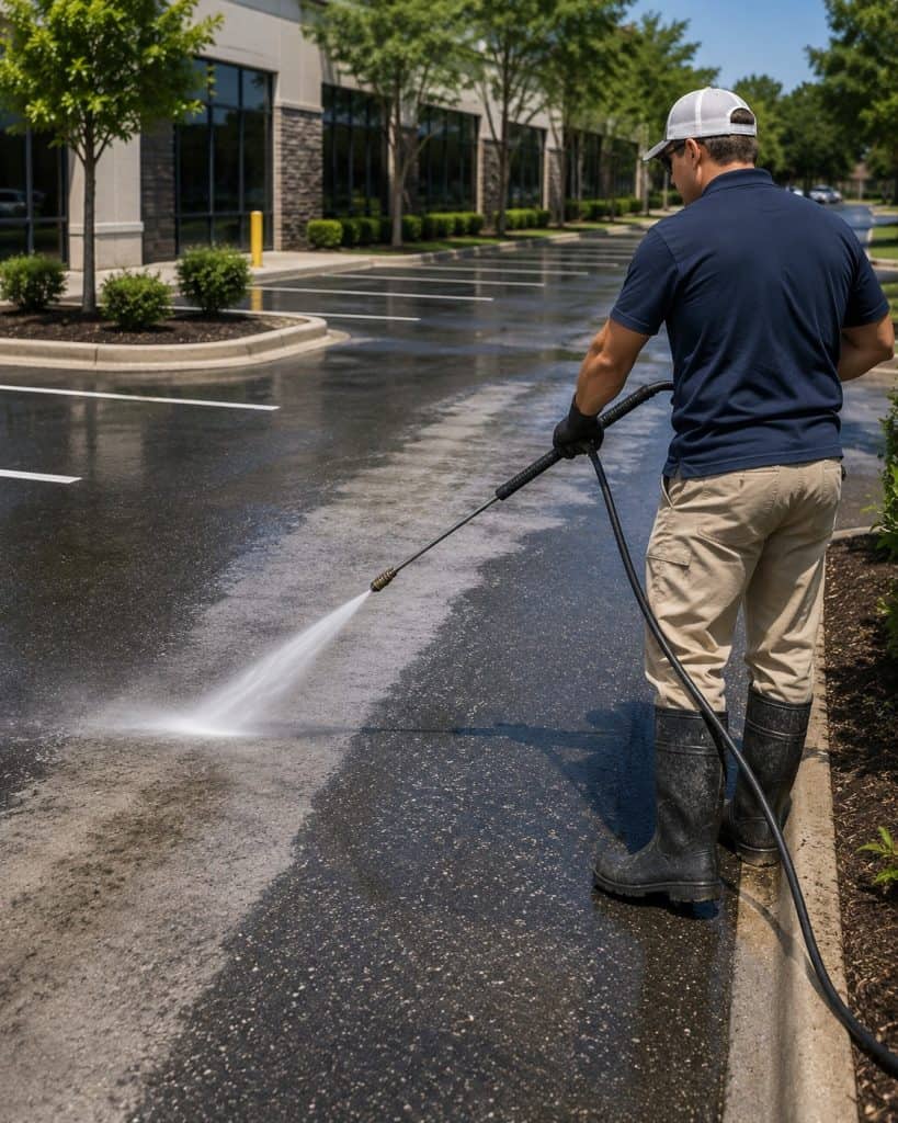 Commercial parking lot and drive lane pressure washing