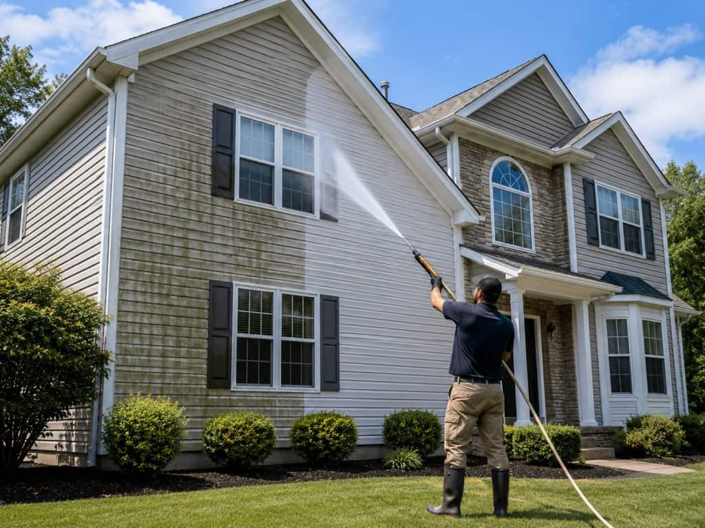 Professional technician washing the exterior siding of a residential house to remove dirt, algae, and surface buildup.