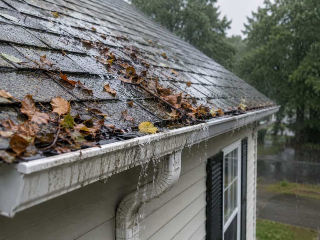 Wet leaves and storm debris collected inside a gutter