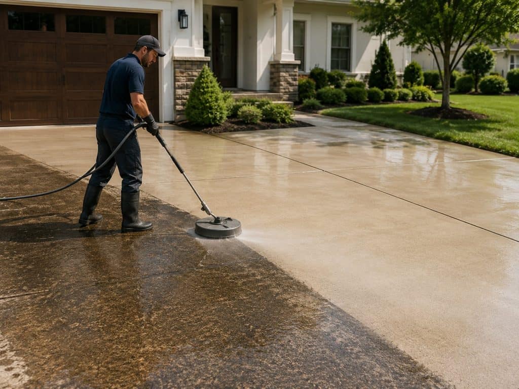 Professional technician power washing a residential concrete driveway with a surface cleaner.
