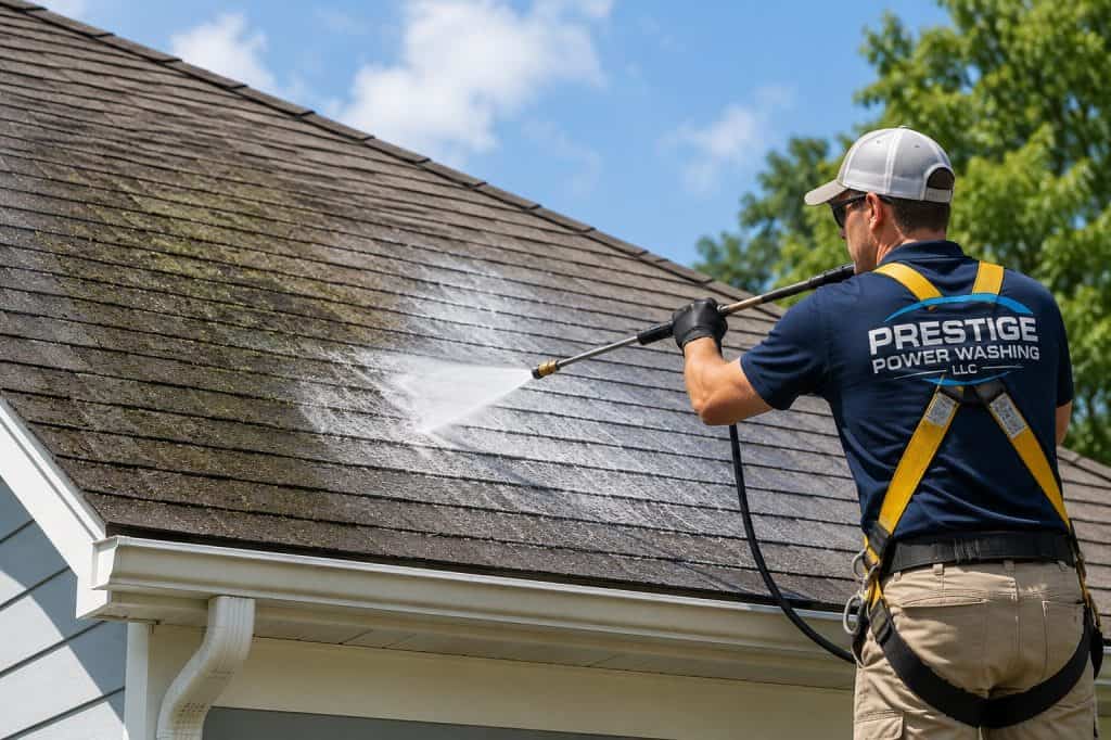 Roof soft washing service in Raleigh NC removing algae and black streaks