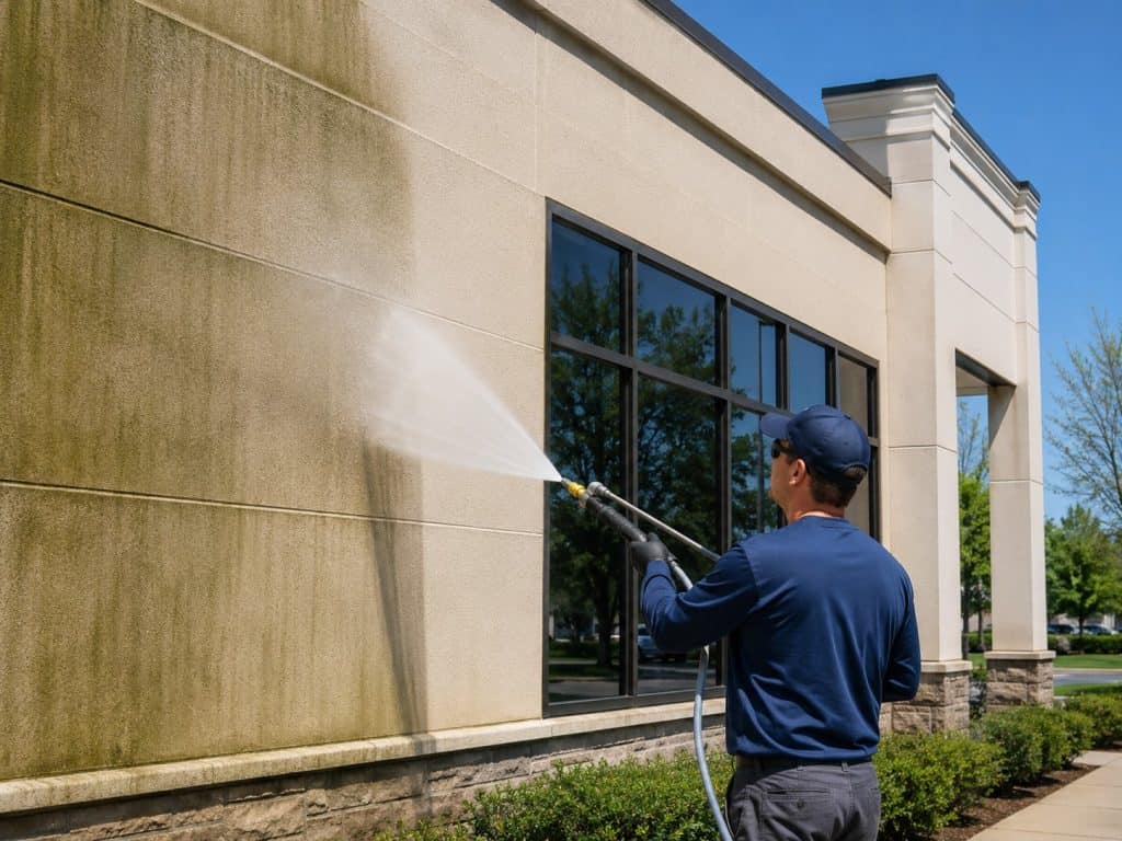 Soft washing a stained commercial building exterior