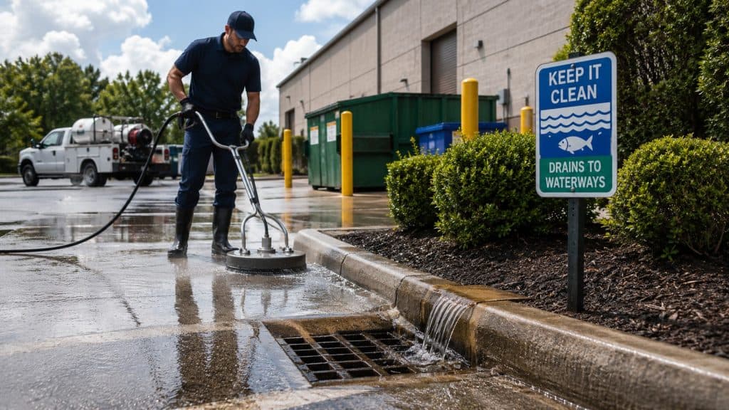 Prestige Power Washing technician cleaning commercial pavement near a storm drain in Raleigh and Cary, NC