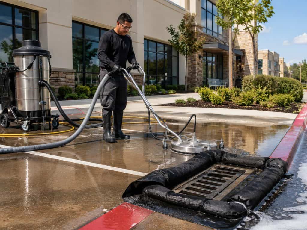 Responsible commercial pressure washing near a storm drain