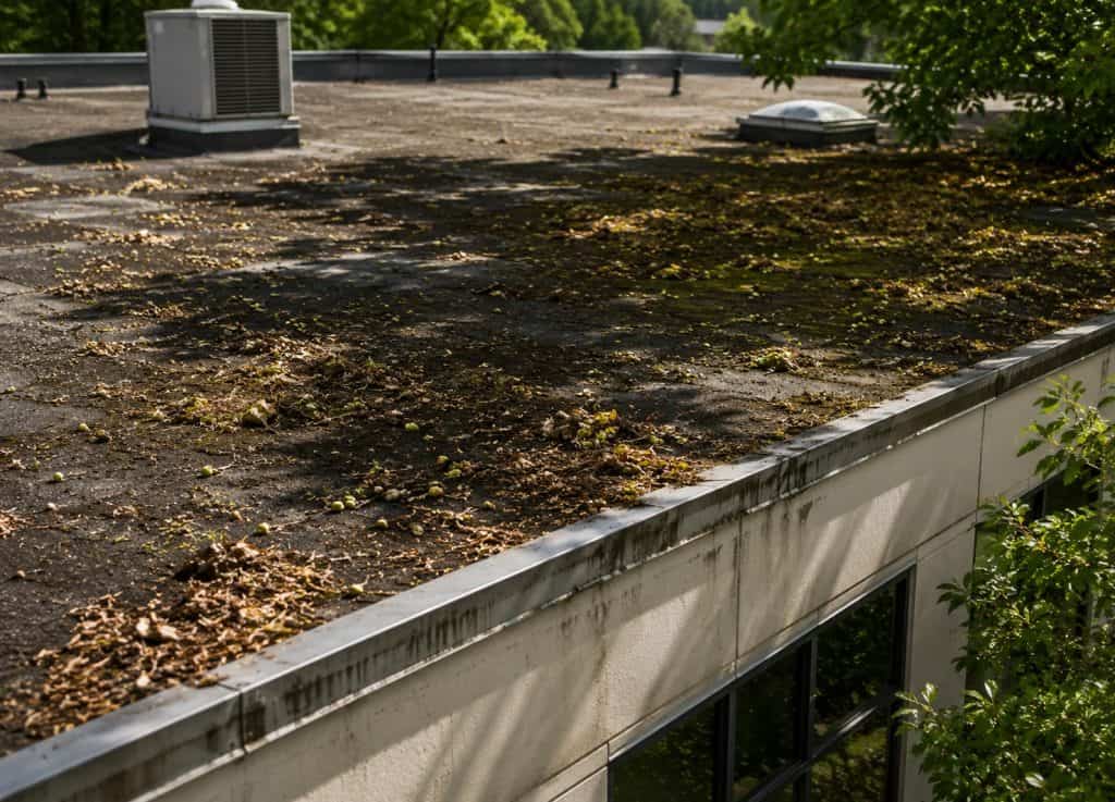 Leaves and organic debris collected along a residential gutter