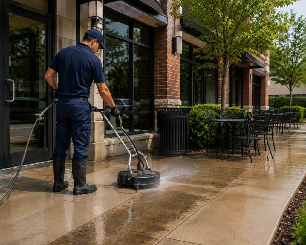 Prestige Power Washing technician using a surface cleaner on a commercial walkway and outdoor seating area in Raleigh and Cary, NC