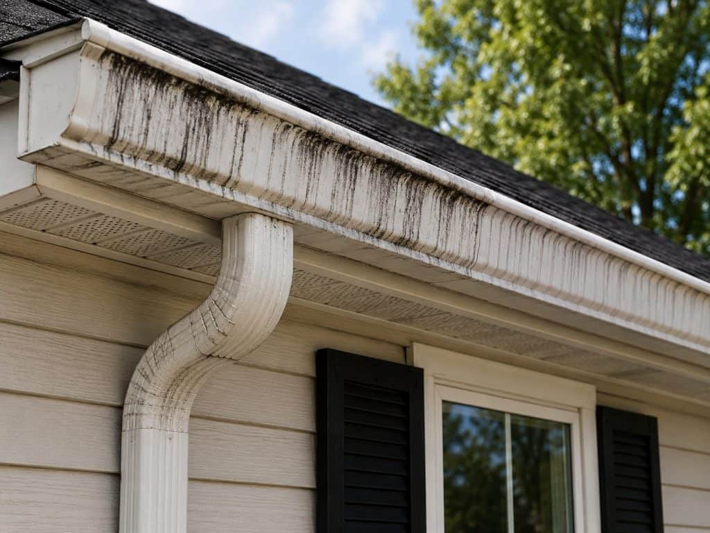 Black streaks and discoloration on a residential gutter