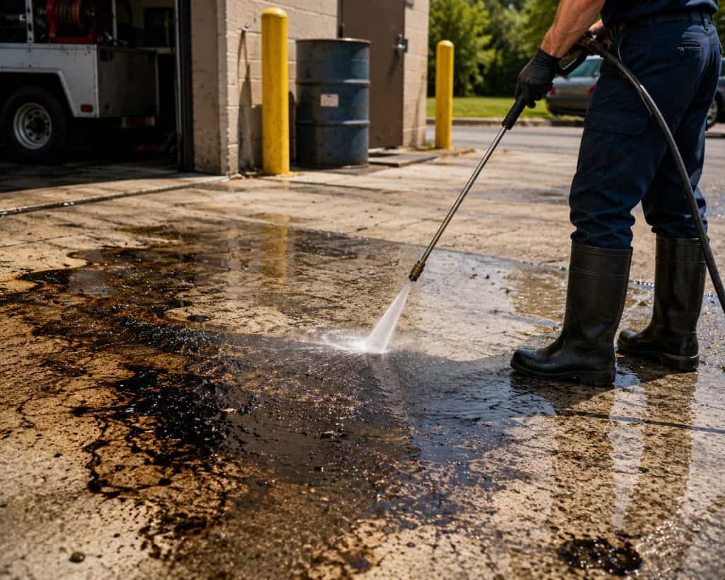 Prestige Power Washing technician removing oil and hydraulic fluid stains from a concrete service area in Raleigh and Cary, NC