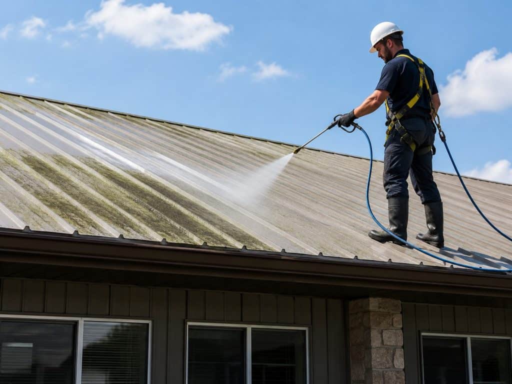 Technician cleaning a commercial metal roof surface