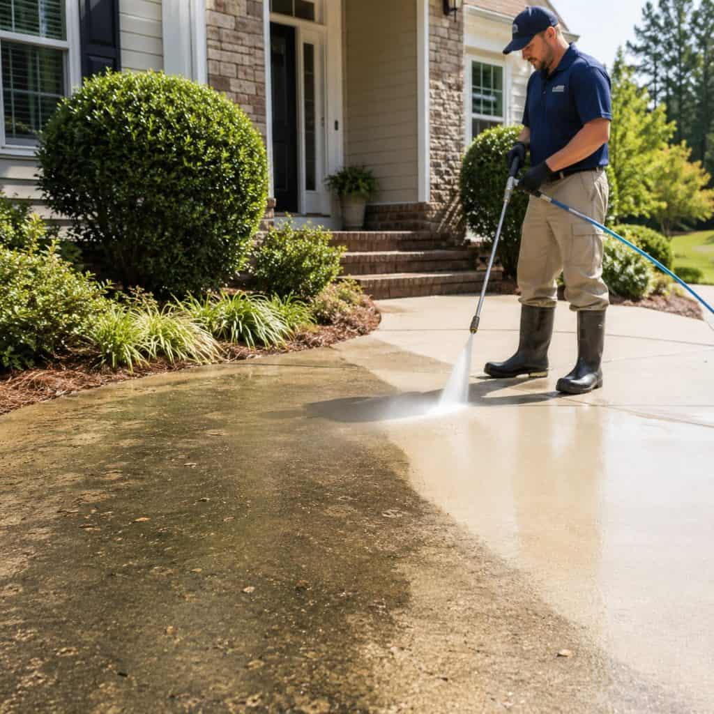 Regular pressure washing for a stained Raleigh driveway