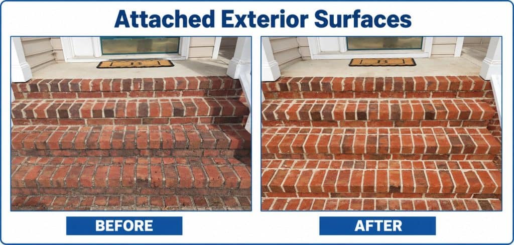 Before and after cleaning of attached exterior brick steps for a home in Raleigh and Cary, NC