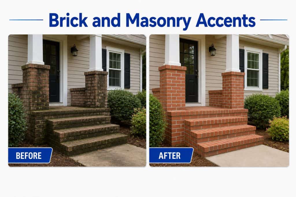 Before and after brick and masonry accent cleaning showing dirt, mildew, and staining removed in Raleigh and Cary, NC