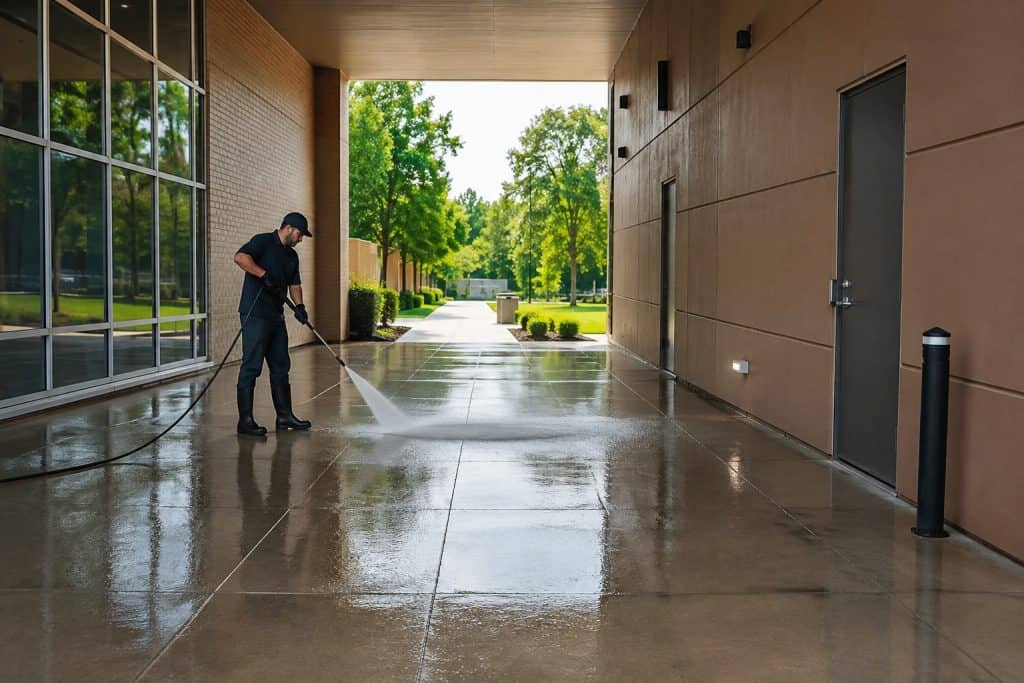 Professional pressure washing cleaning a commercial building breezeway and shared walkway