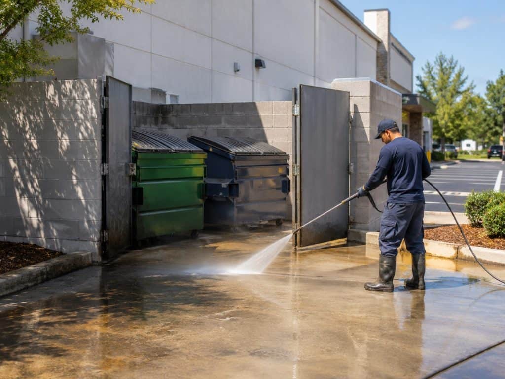Professional commercial dumpster pad power washing in Raleigh NC