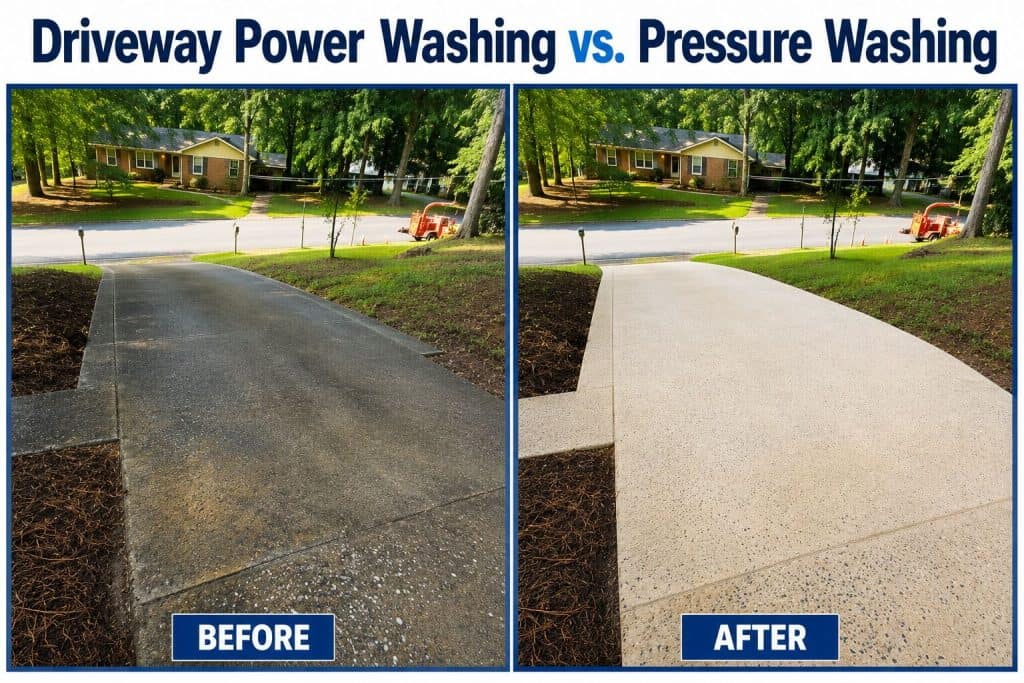 Driveway power washing versus pressure washing before and after comparison in Raleigh NC