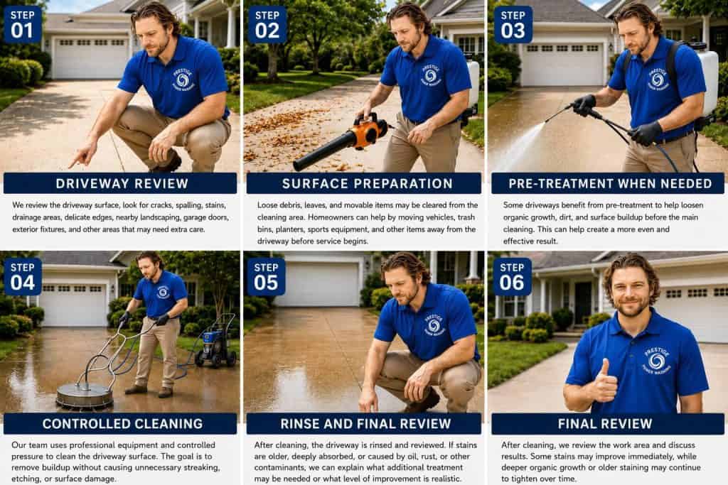 Six-step driveway pressure washing process used by Prestige Power Washing in Raleigh NC