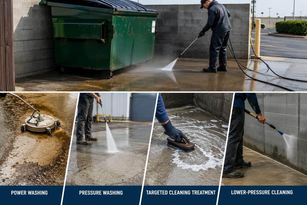 Professional dumpster pad power washing with pressure washing and surface-specific cleaning methods