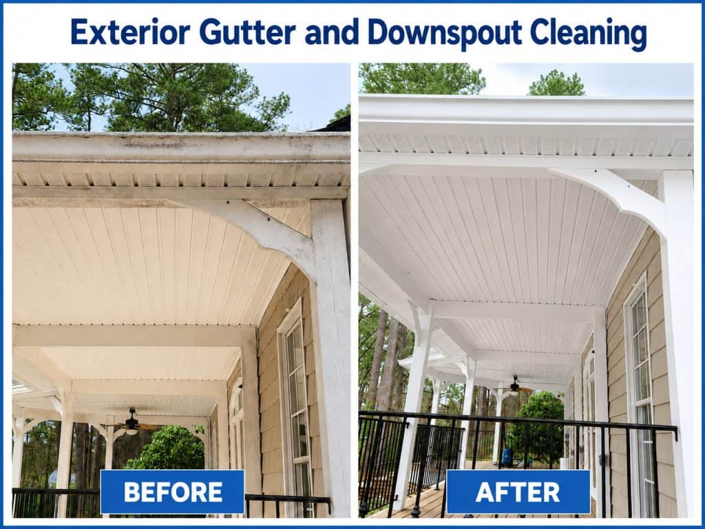 Before and after exterior gutter and downspout cleaning showing black streaks, dirt, mildew, and stains removed