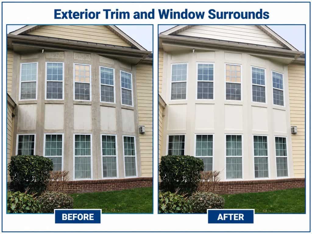 Before and after exterior trim and window surround cleaning for a home in Raleigh and Cary, NC
