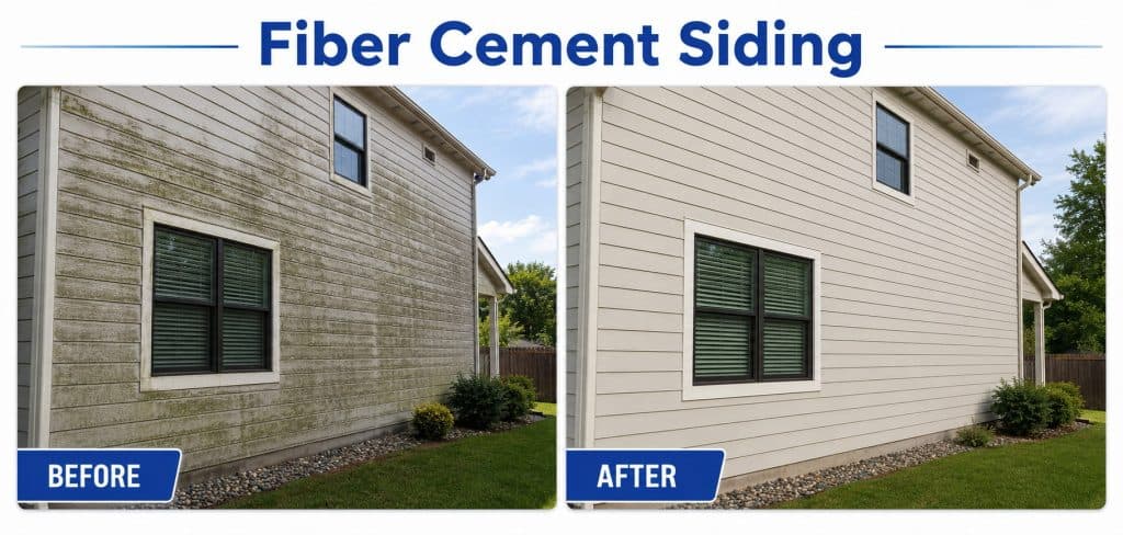 Before and after fiber cement siding cleaning showing algae, mildew, and exterior buildup removed in Raleigh and Cary, NC